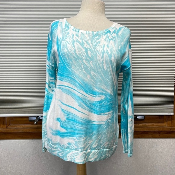 Chico’s Aqua Blue Coastal Wave Boat-Neck Roll Tab Sleeve Pullover Sweater - Picture 1 of 11